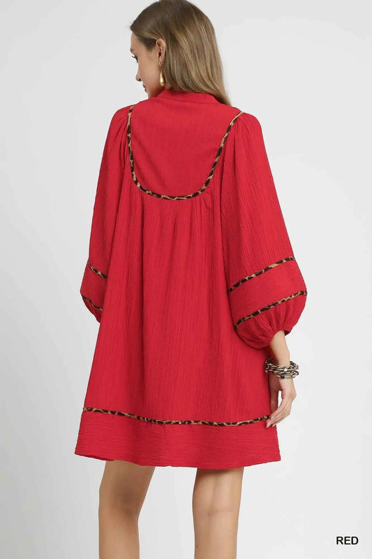 Textured Babydoll Dress with Leopard Trim dd8cb714-e433-45dd-897c-5af3ccd728ce-Max-Origin