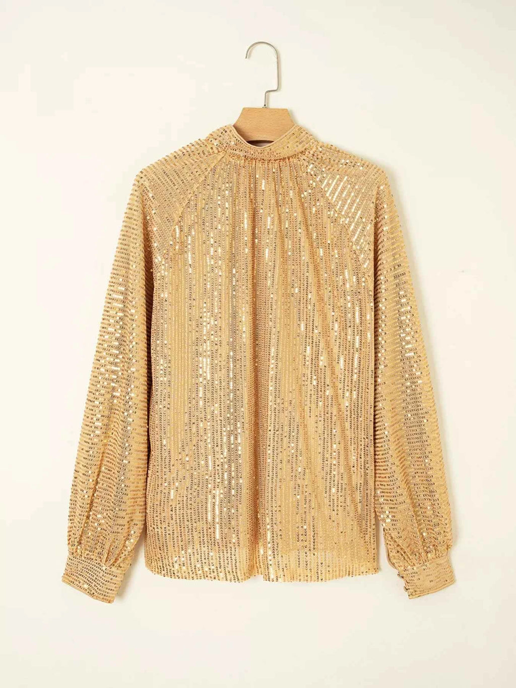 Metallic Balloon Sleeve Buttoned High Neck Loose Blouse dd8ccbcd9e7c42638a71a386a0044c33-Max-Origin