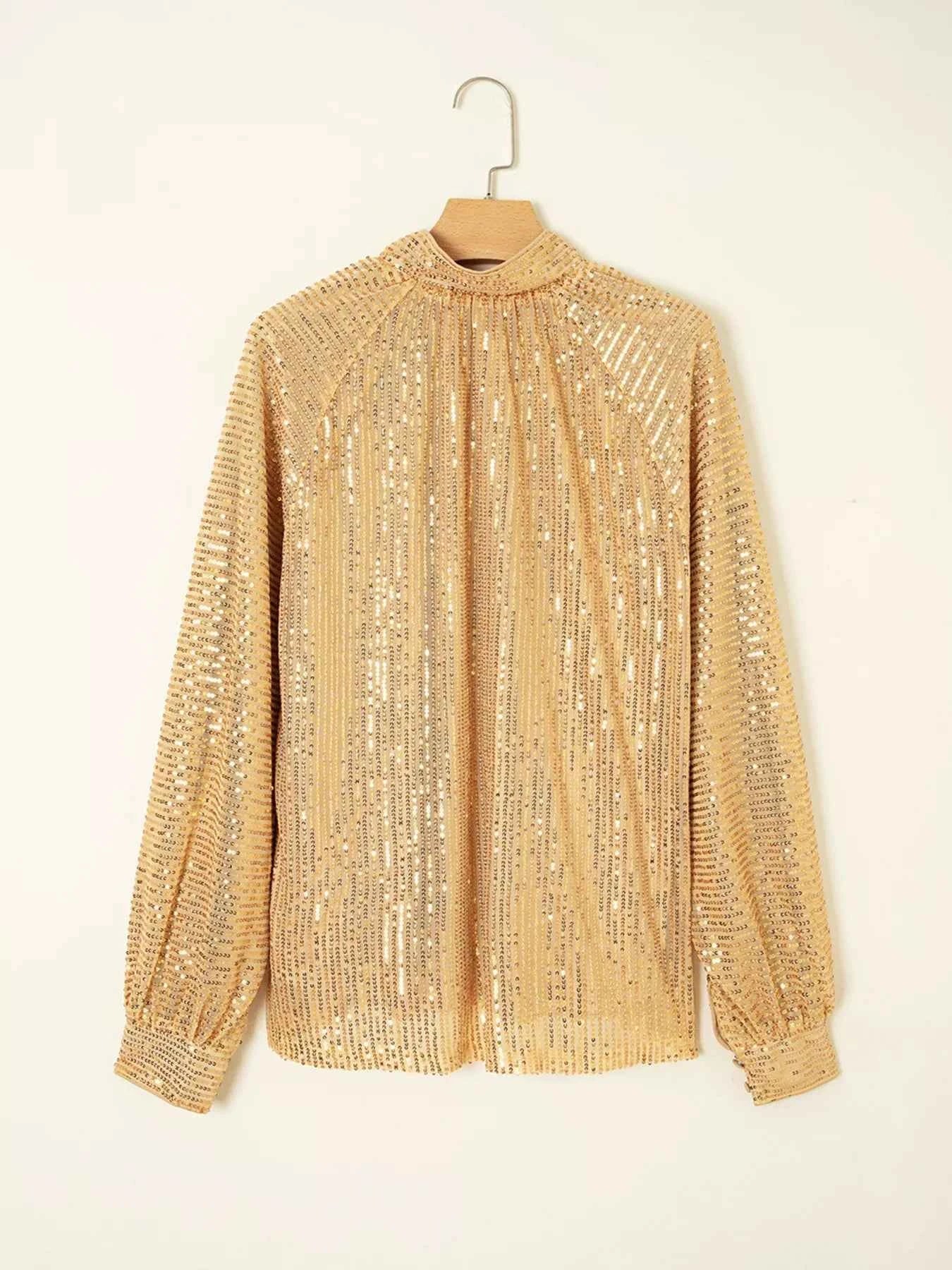 Metallic Balloon Sleeve Buttoned High Neck Loose Blouse dd8ccbcd9e7c42638a71a386a0044c33-Max-Origin