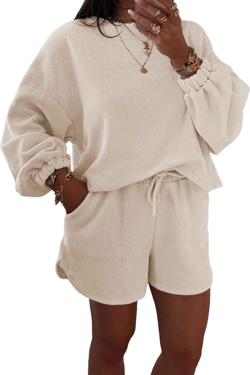 Fushia Textured Knit Drop Shoulder Pullover Drawstring Shorts Set dd8d57566eb02726