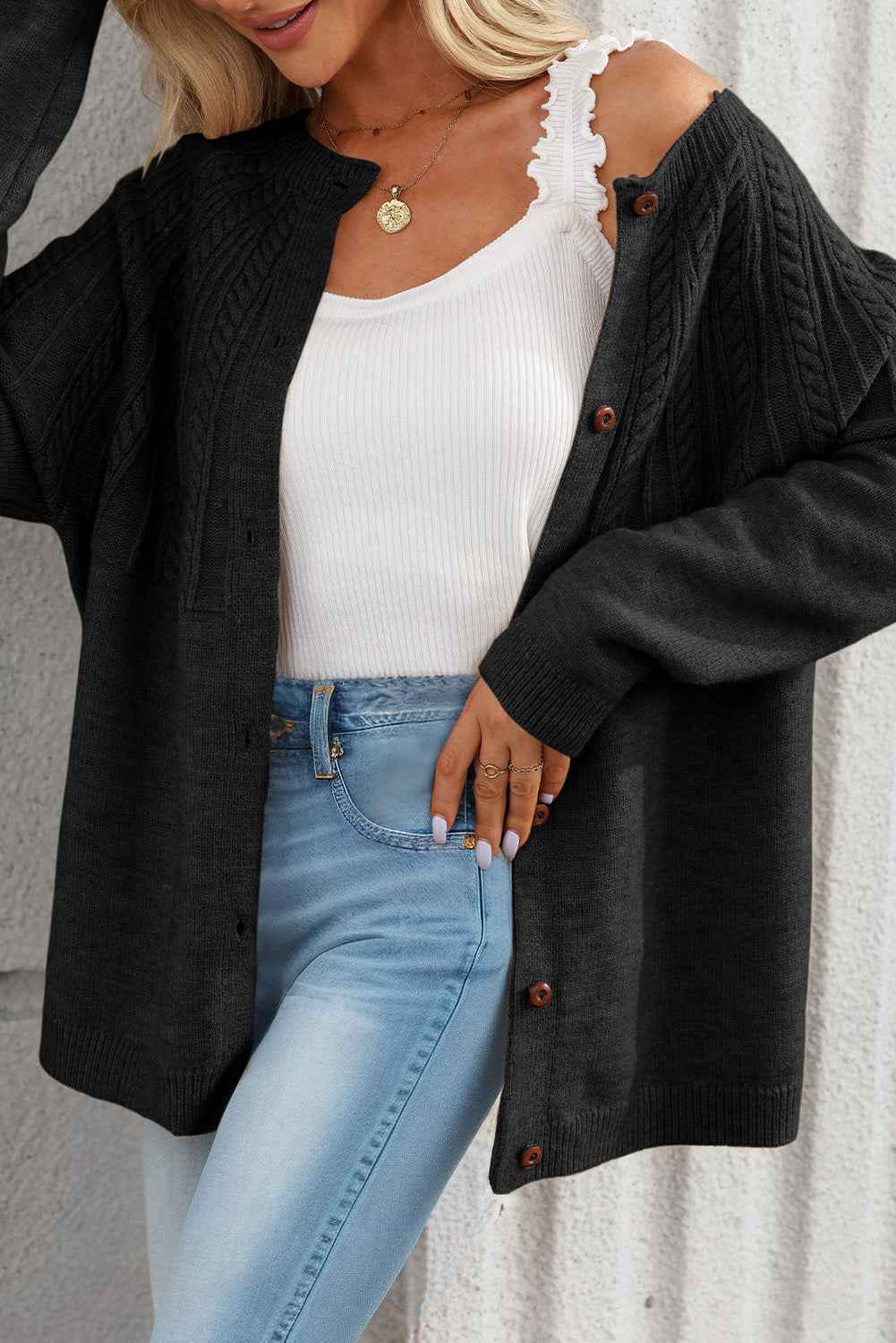Black Solid Color Textured Detail Button Down Long Sleeve Sweater Cardigan dd992683e101d8c7