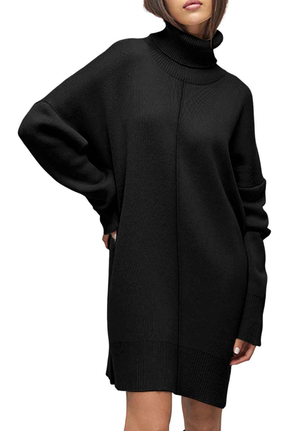 Black Solid Color Turtleneck Drop Shoulder Loose Sweater Dress dd99ddbcc5d538a6