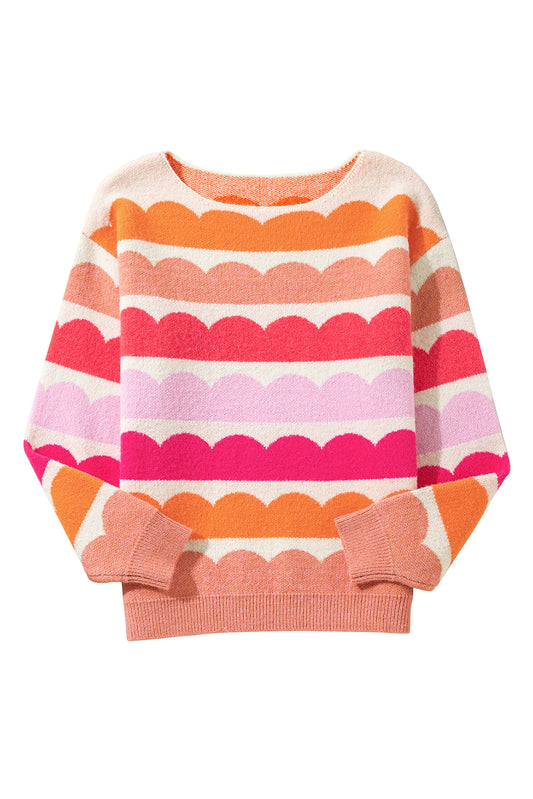 Yellow Wave Striped Balloon Sleeve Drop Shoulder Sweater Rose Red 42%Acrylic+30%Polyester+28%Polyamide dd9cbda7fb806bda