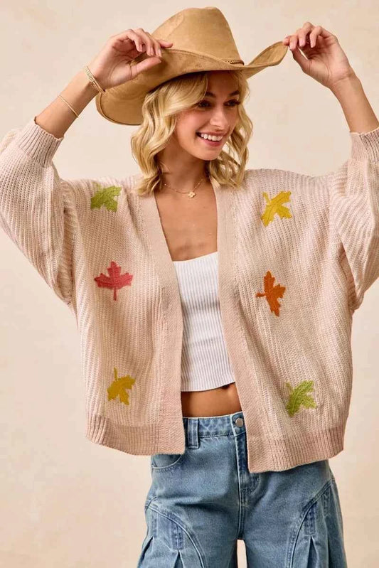 Two Tone Knit Cardigan with Leaf Patches dd9de42b24574c1aa7a3f7541d056b5e-Max-Origin
