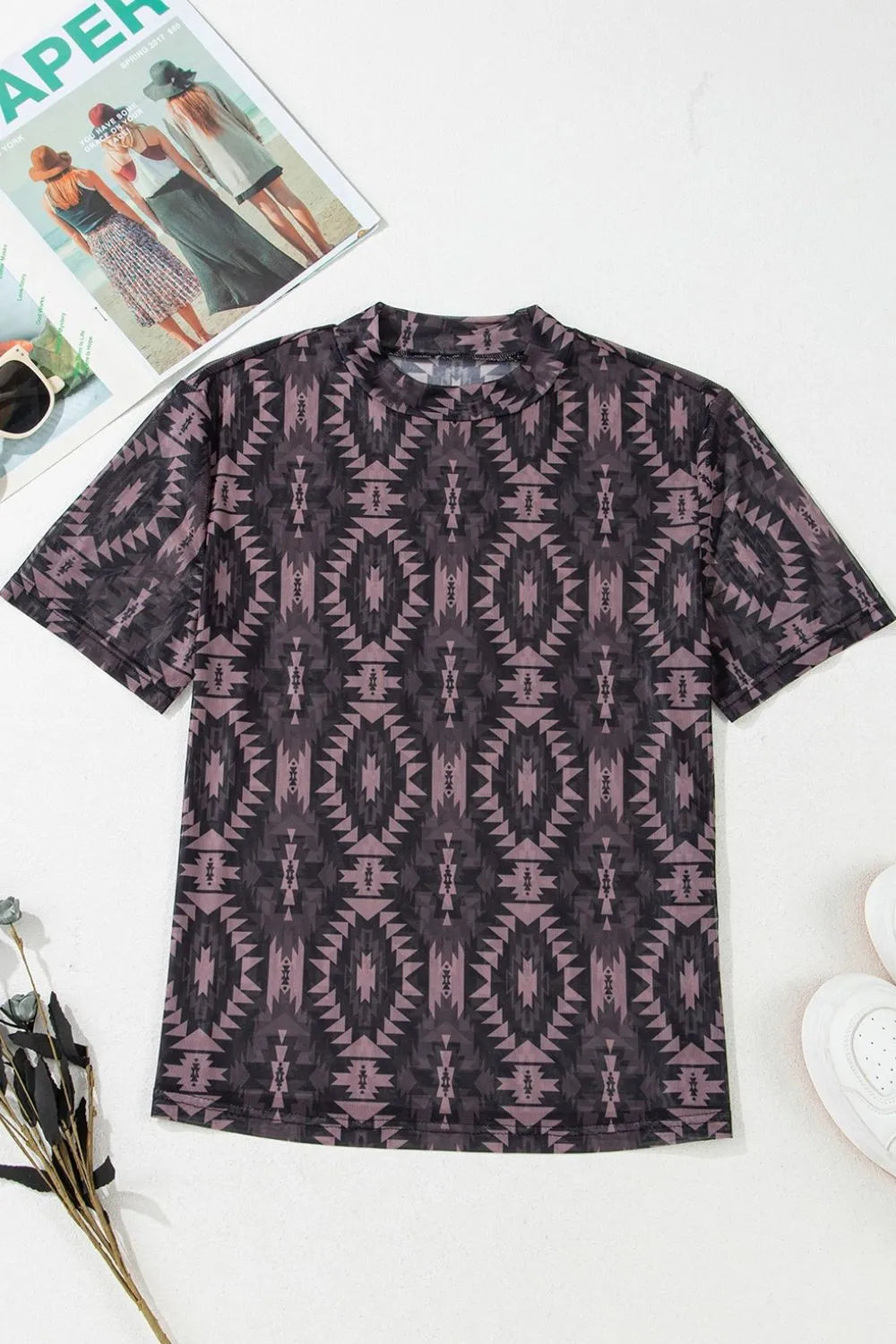 Aztec Print Mock Neck Short Sleeve Mesh T Shirt dda3b35d-0751-4bd4-93da-7ebe6b537e57-Max-Origin