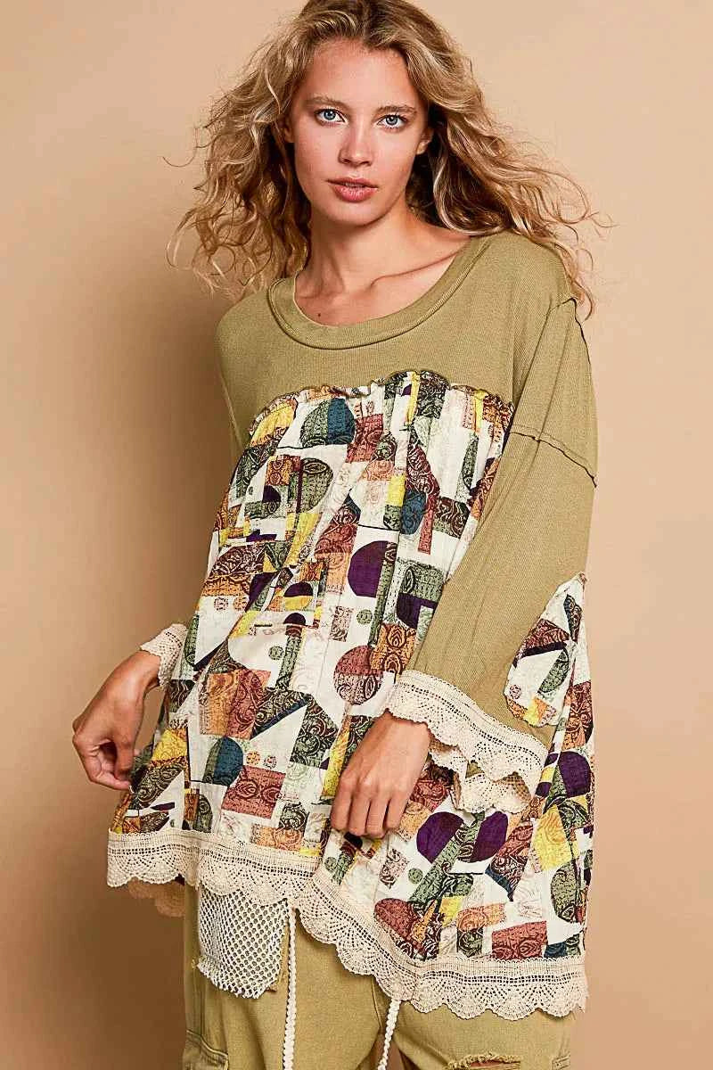 POL Bohemian Geometric Print Long Sleeve Top with Lace Trim dda6dcbe-4ff6-4ba2-8365-3be2e795694b-Max-Origin