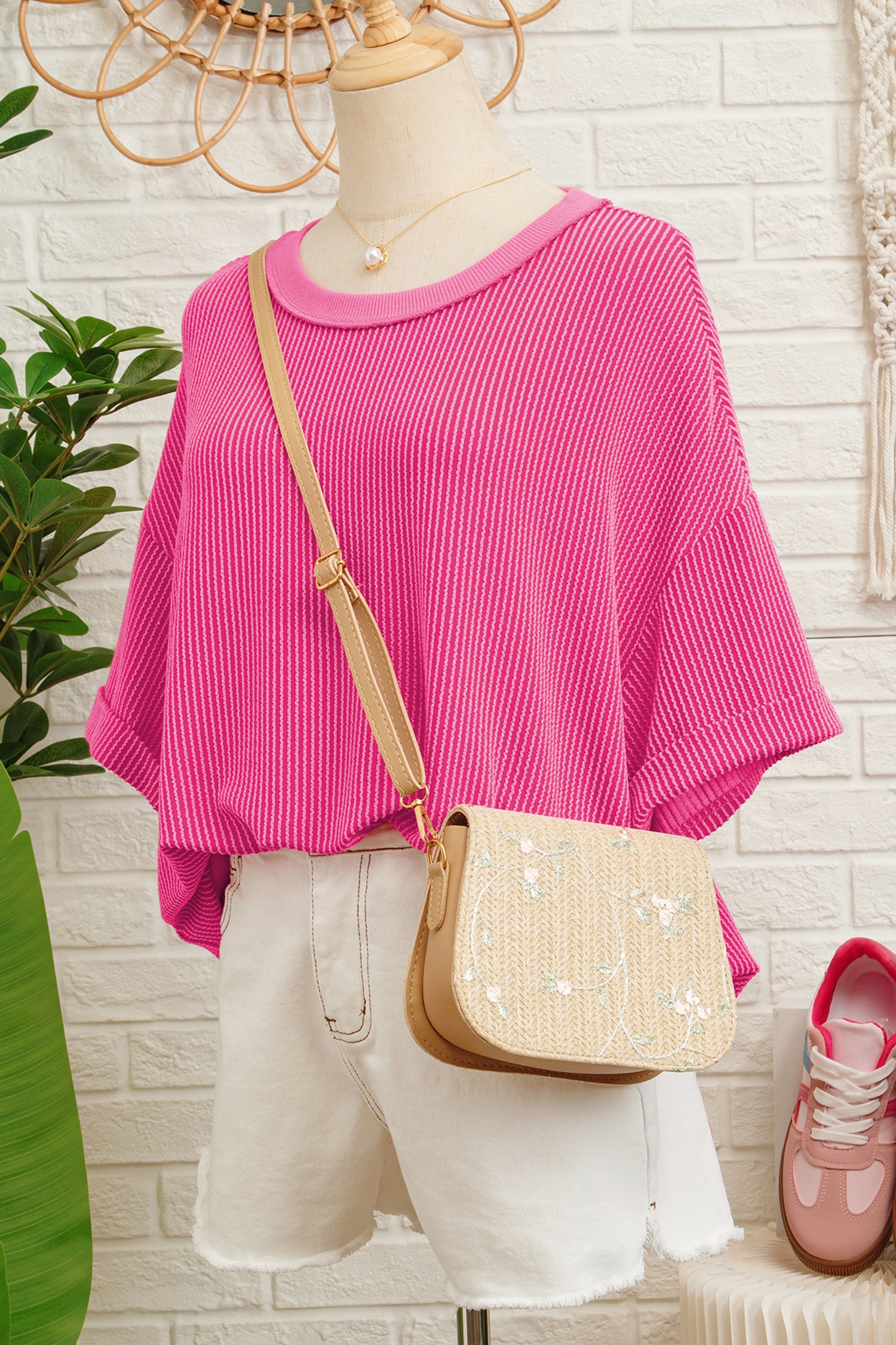 Rose Red Spiral Ribbed Cutout Bow Knot Back Oversize T Shirt dda800a05173c3d6