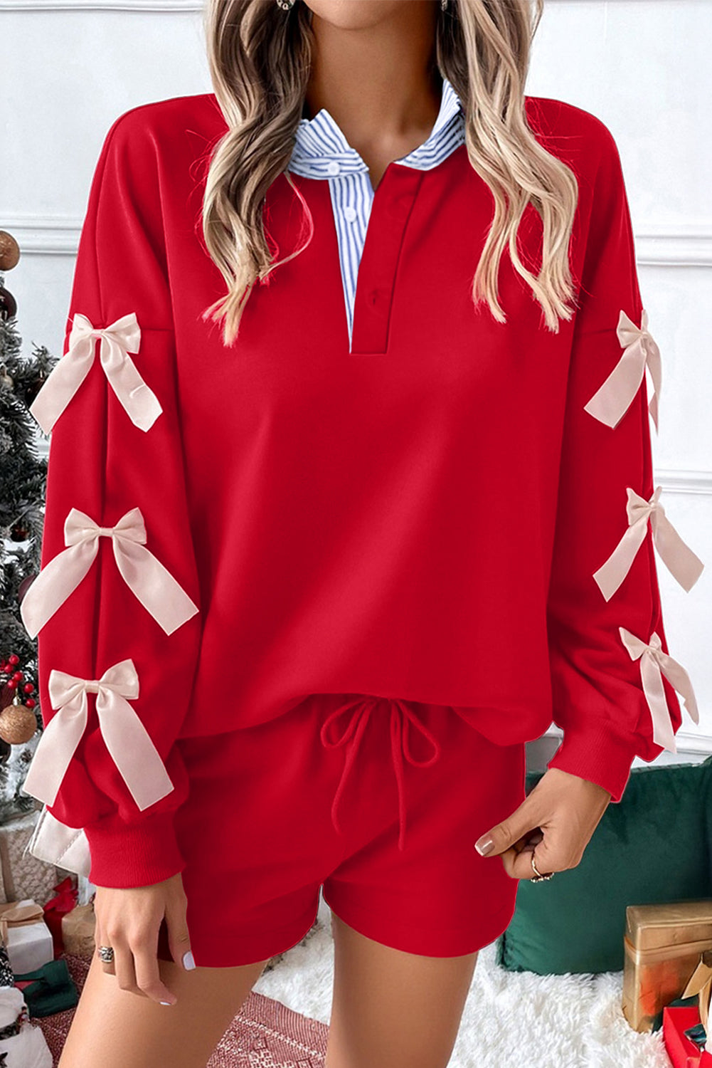 Racing Red Striped Collar Knot Sleeve Sweatshirt and Shorts Set Racing Red 65%Polyester+35%Cotton ddabc60123bb8a9b