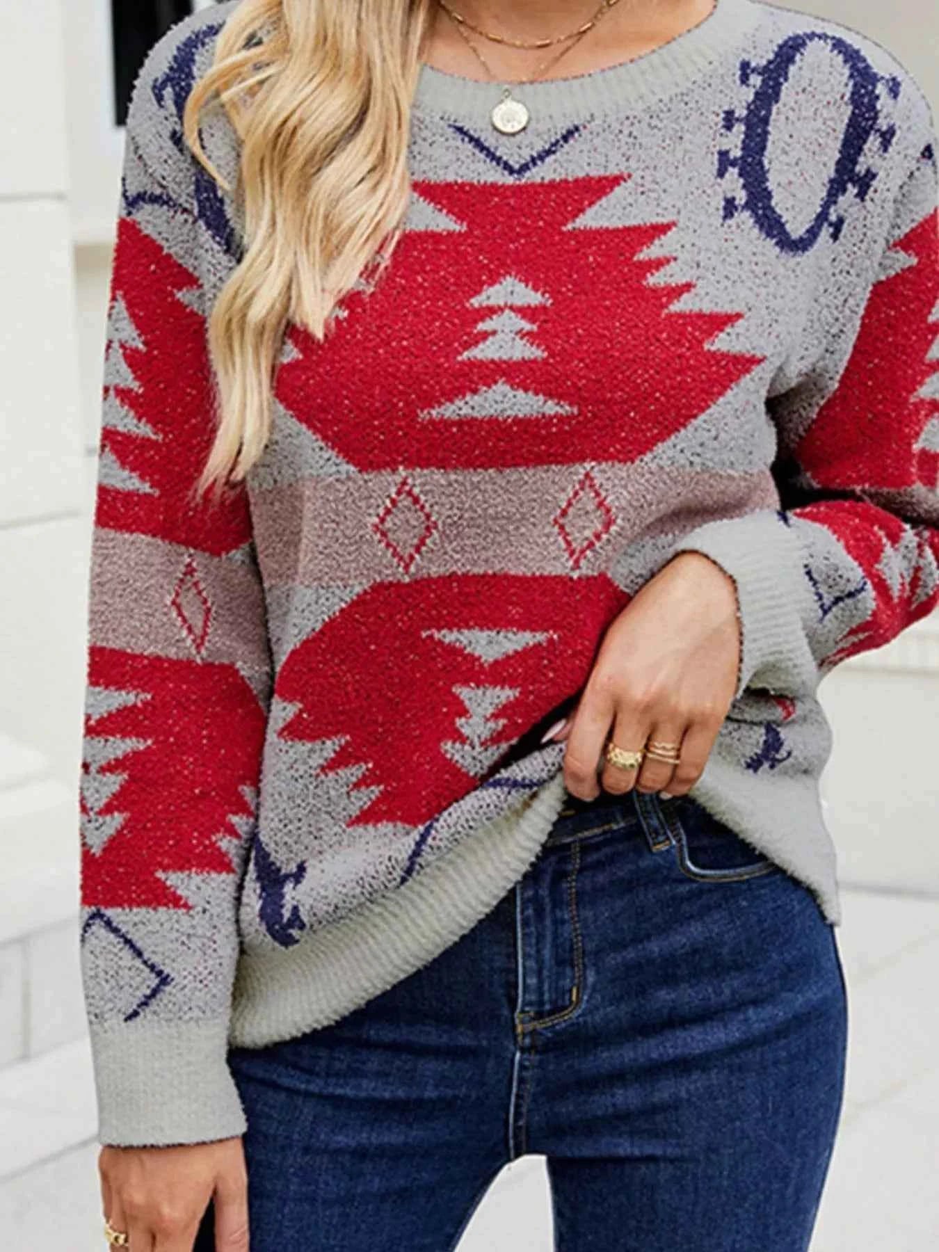 Geometric Round Neck Long Sleeve Sweater ddb4b6df-d50c-411f-9846-5e40aff98167-Max-Origin