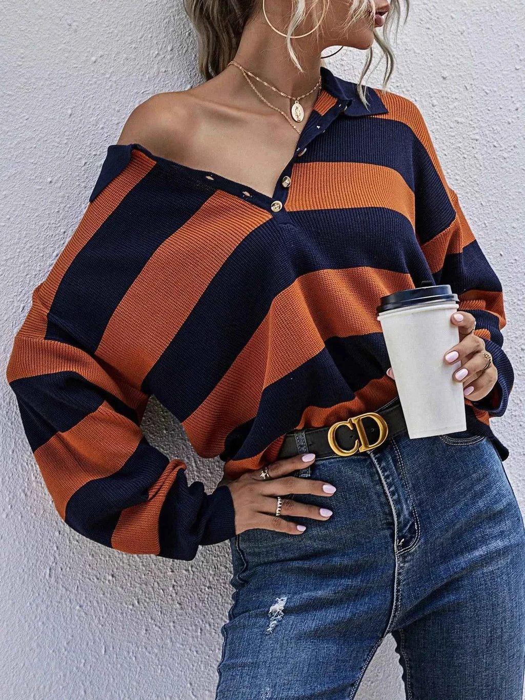 Striped Button Detail Dropped Shoulder Knit Top ddbab009be614a63b7fab9d2d804f8ba-Max-Origin