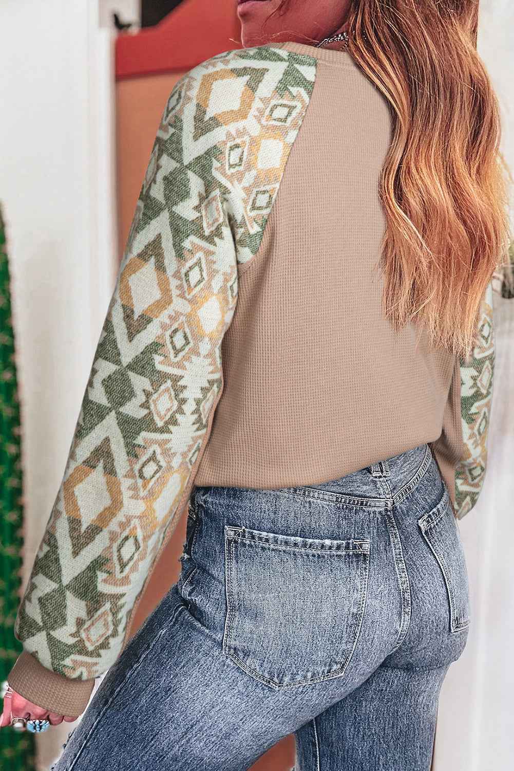 Smoke Gray Waffle Patchwork Geometric Raglan Sleeve Top ddbb391230b4b379