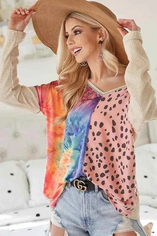 BiBi Print Block V Neck Top with Contrast Stitching ddbc249470384436a750b8ce426f5c3d-Max-Origin