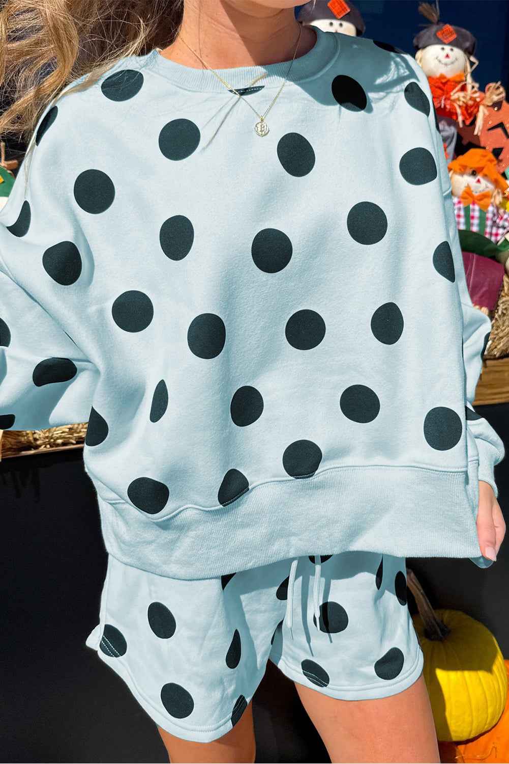 Sky Blue Polka Dot Print Drop Shoulder Pullover Drawstring Shorts Set ddbcdd09152100b1