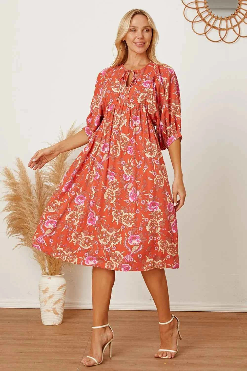 Floral Tie Neck Half Sleeve Dress ddbf23f3-71e4-4265-b47a-be45861e8ea6-Max