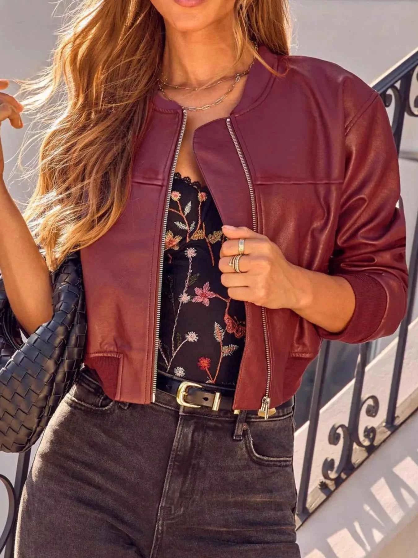 Zip Up Leather Cropped Jacket