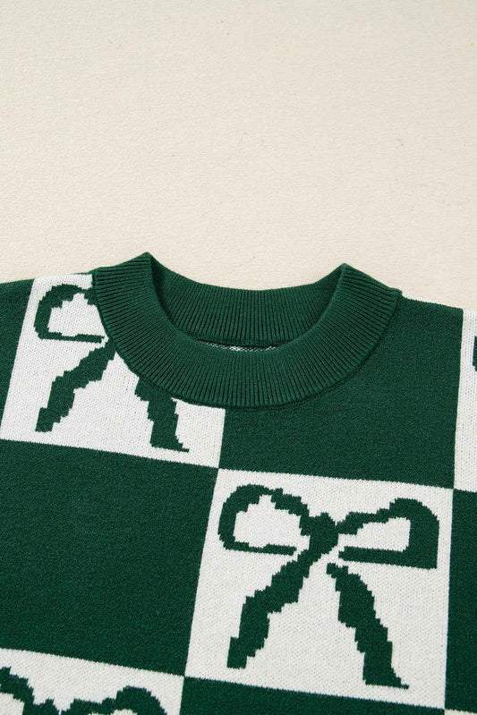 Blackish Green Bow Print Checkered Knit Sweater ddc7845167a5ef0b