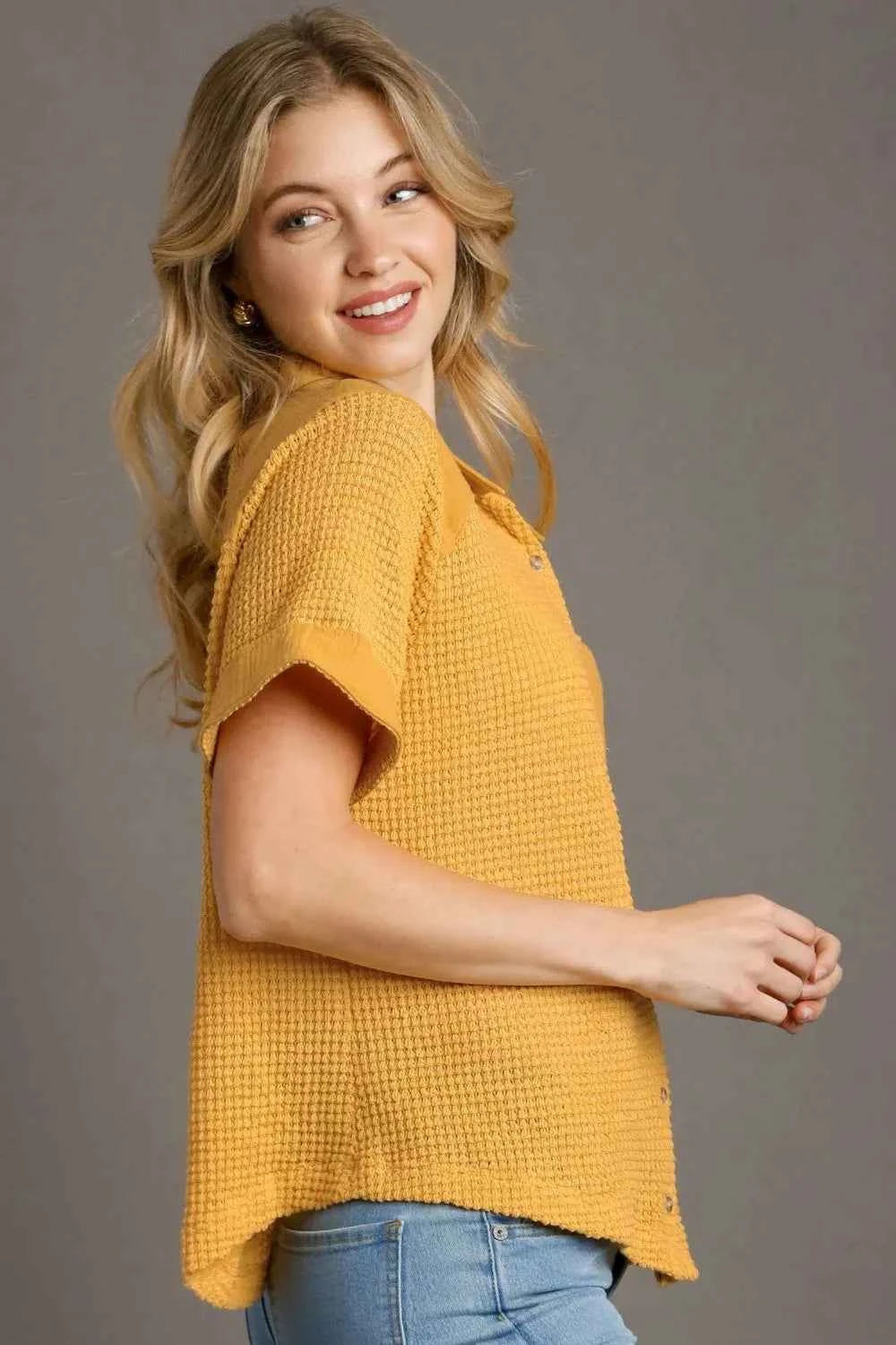 Umgee Full Size Waffle-Knit Short Sleeve Button Down Shirt Plus Size ddc98a68-7261-4c4c-8fa0-55b28cacf760-Max