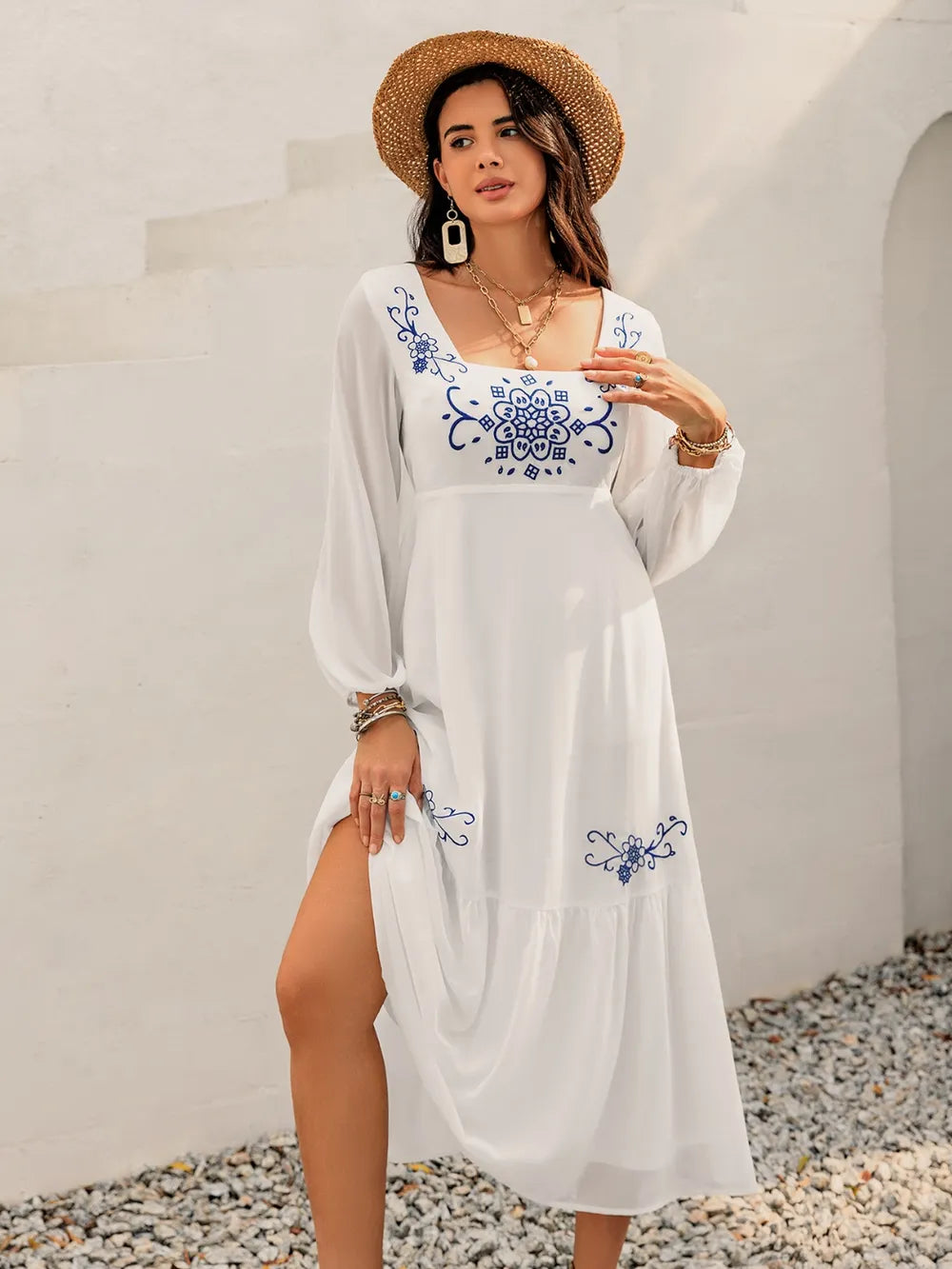 Printed Square Neck Balloon Sleeve Dress White ddca0d83-1c7a-4552-b5e0-028e74aab00a-Max