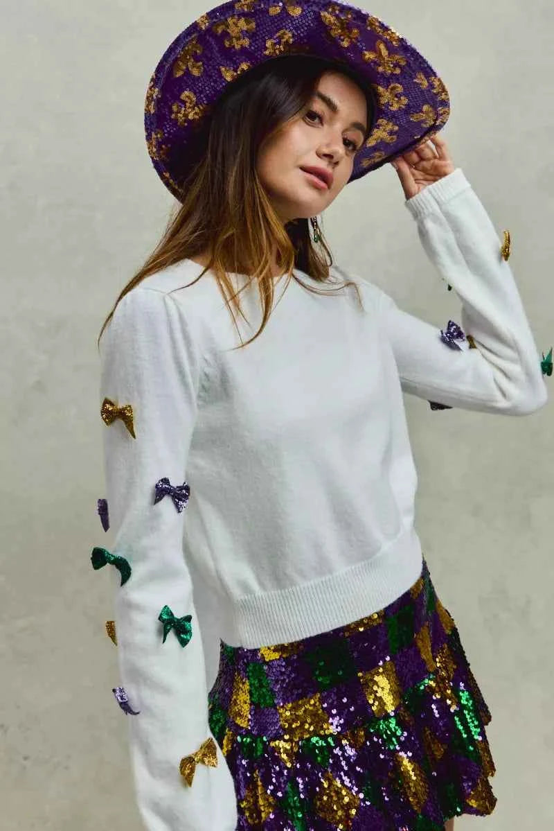 SO ME Mardi Gras Glitter Bow Ribbon Sweater Knit Top ddcbe4a5117c4695af8cad2e3ad8a99b-Max-Origin