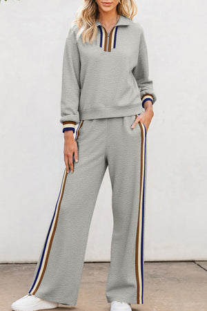 Gray Striped Patchwork Quarter Zip Pullover Loose Pant Set Gray 50%Polyester+45%Viscose+5%Elastane ddccdb4bf3979948