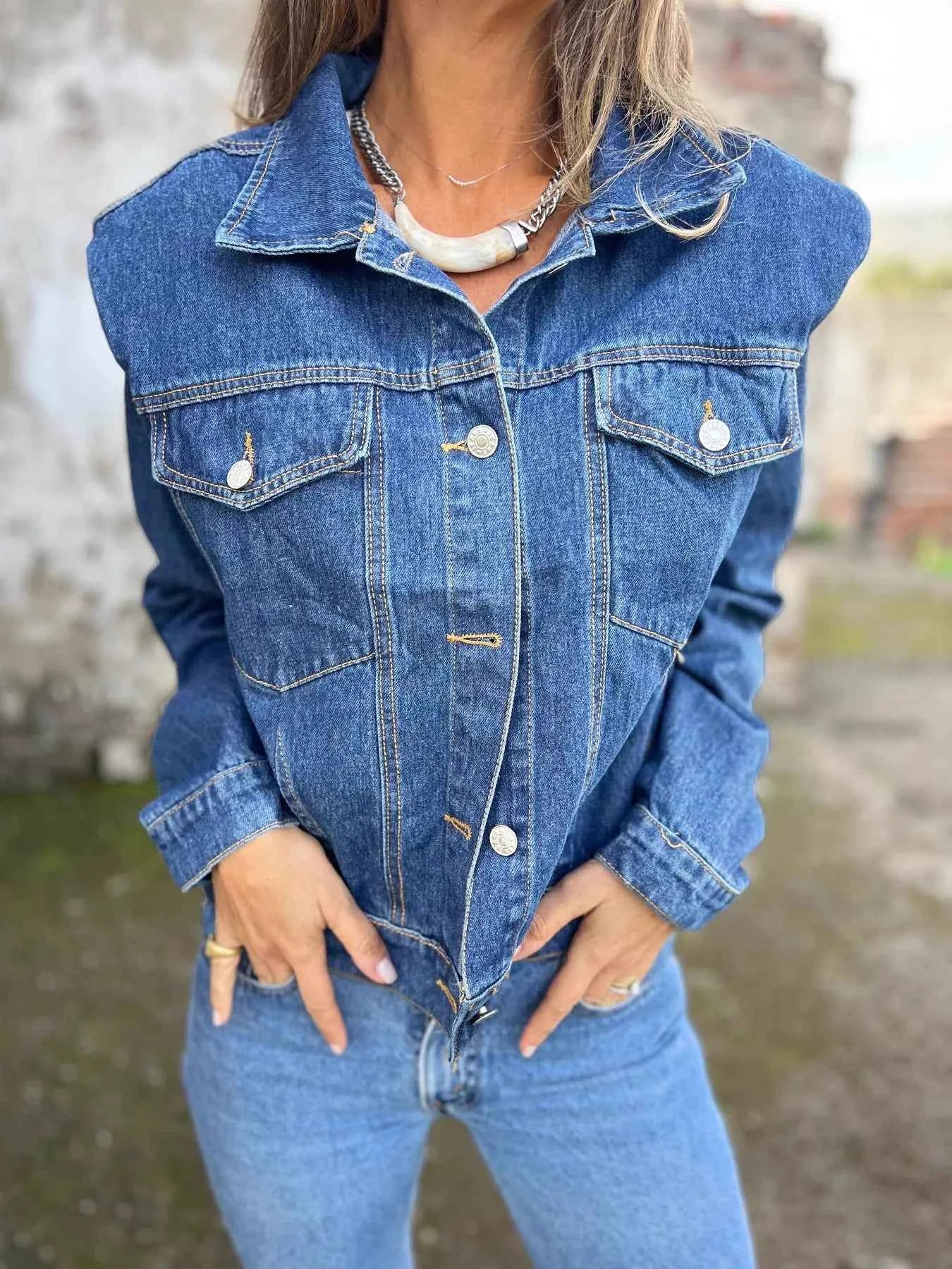 Plus Size Button Up Chest Pockets Denim Jacket ddce58febd624cc195c5c61384ac9819-Max-Origin