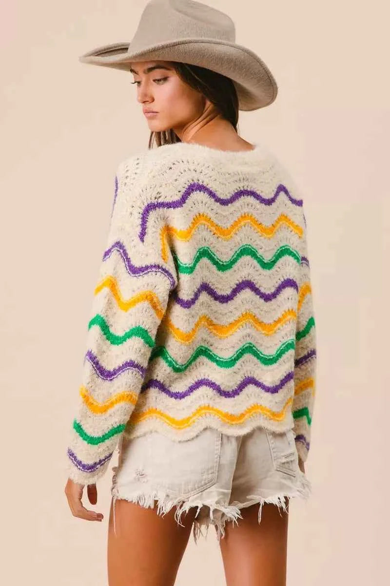 BiBi Mardi Gras Wavy Stripes V-Neck Sweater ddceb9acc188418e9306057efe030661-Max-Origin