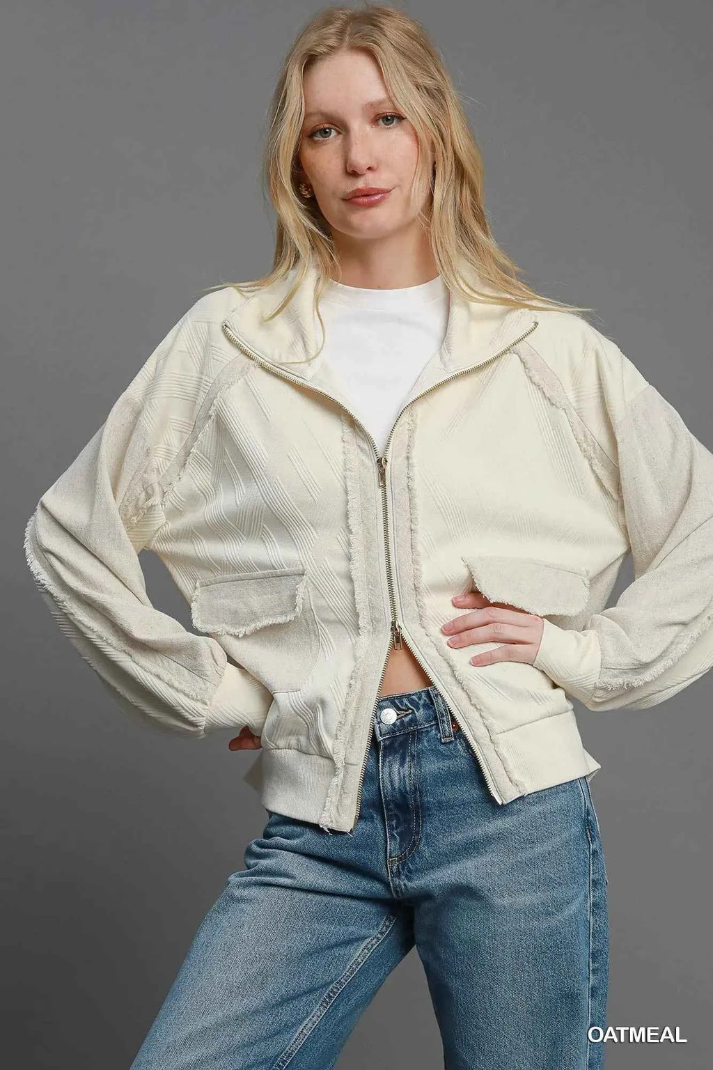 Umgee Two-Way Jacquard Zip-Up Jacket OATMEAL ddceff46-b85f-48d0-8b78-a9f53ce7213c-Max-Origin