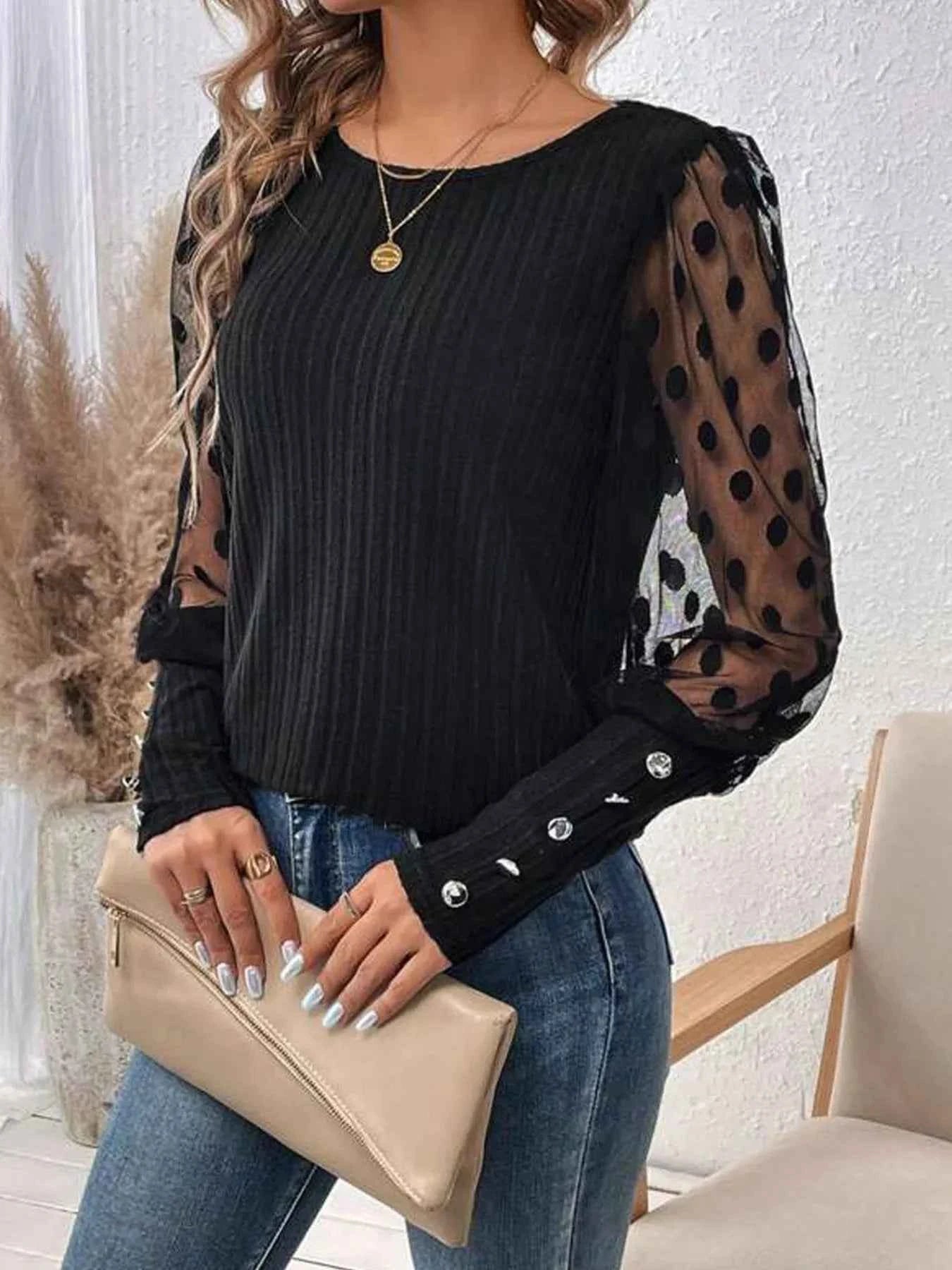 Polka Dot Sheer Sleeve Blouse ddd1d2116dce4fc69b1d3864befd9dec-Max-Origin