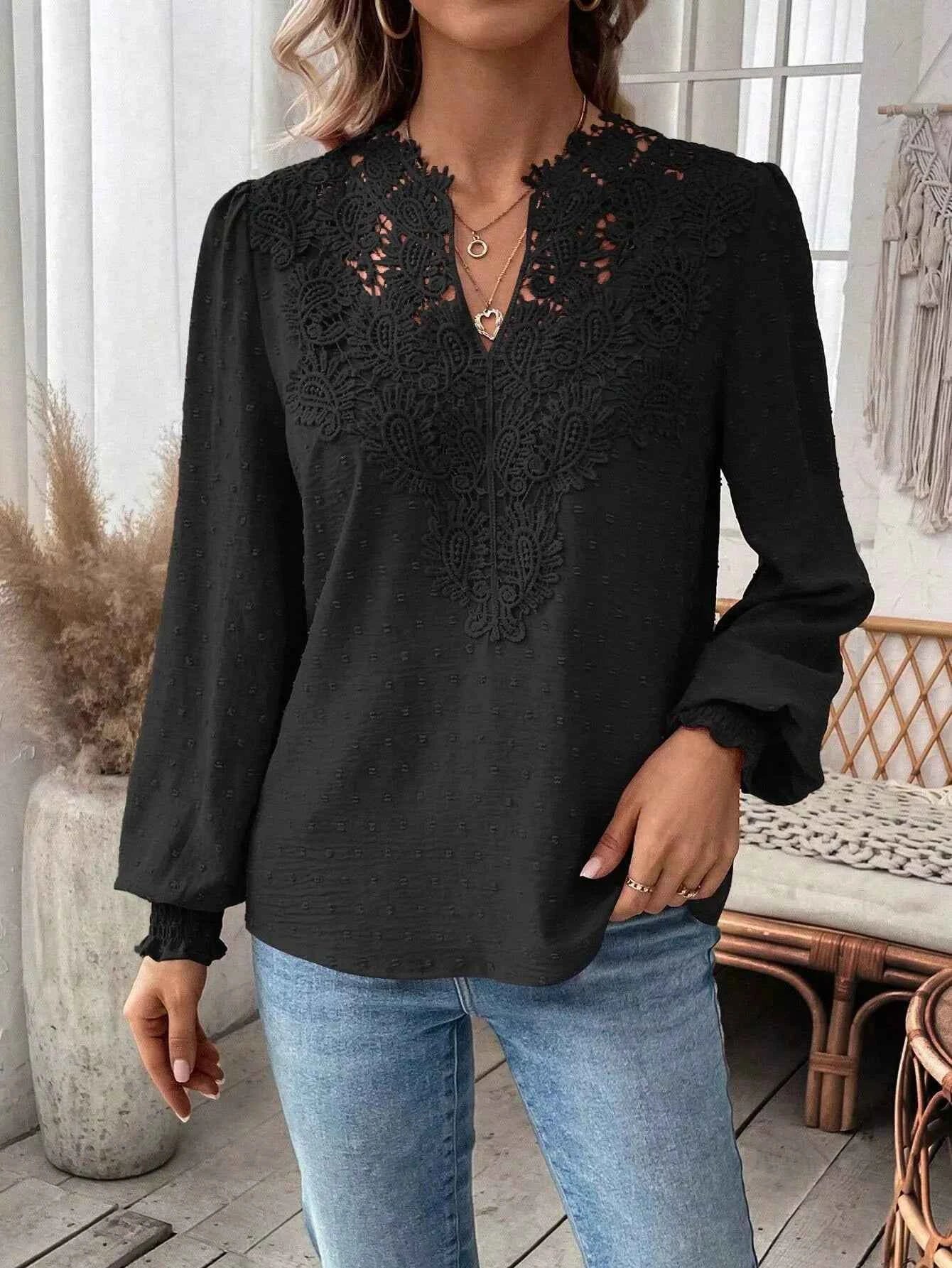 Swiss Dot Lace Detail Long Sleeve Blouse ddd55065-8432-461a-b4e6-b579a869e0e5-Max-Origin