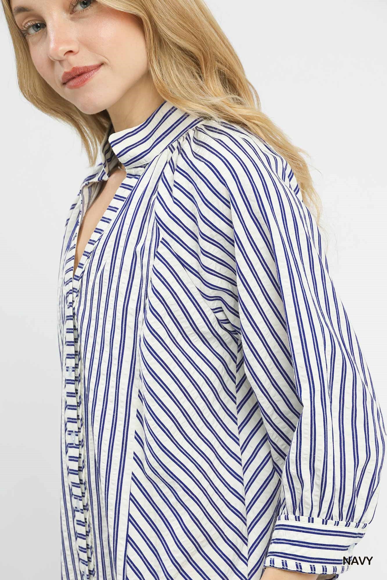 Umgee Striped V-Neck Button Down Top ddd61ab5-073b-43e3-8653-79efb49a07eb-Max