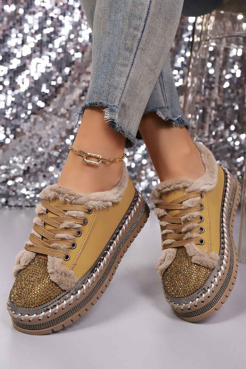 Thai Curry Fur Trimmed Patchwork Lace Up Platform Sneakers ddd9d940ecbe579e