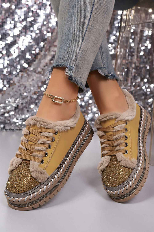 Thai Curry Fur Trimmed Patchwork Lace Up Platform Sneakers ddd9d940ecbe579e