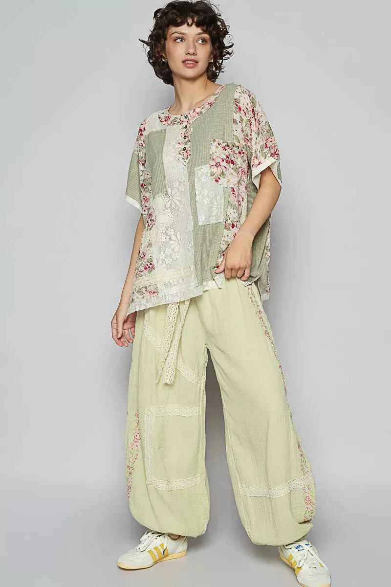 POL Lace Round Neck Short Sleeve Floral Pattern Top with Patch Detail dddff6f7-a9b1-4d82-b729-88ba23b91c29-Max-Origin
