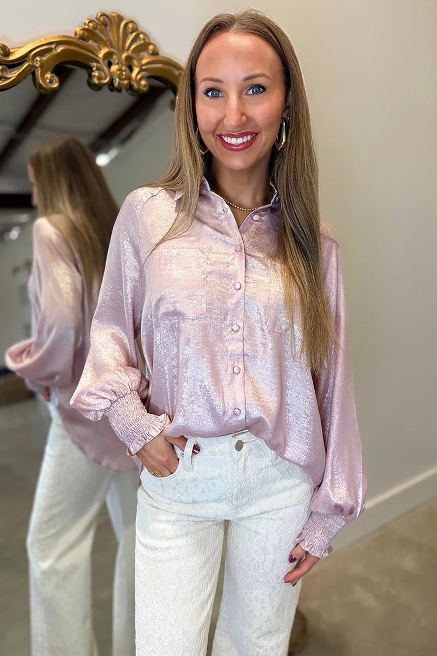 Delicacy Long Sleeve Button Front Ruffle Cuffs Back Paneling Shirt dde1bdeecbb79530