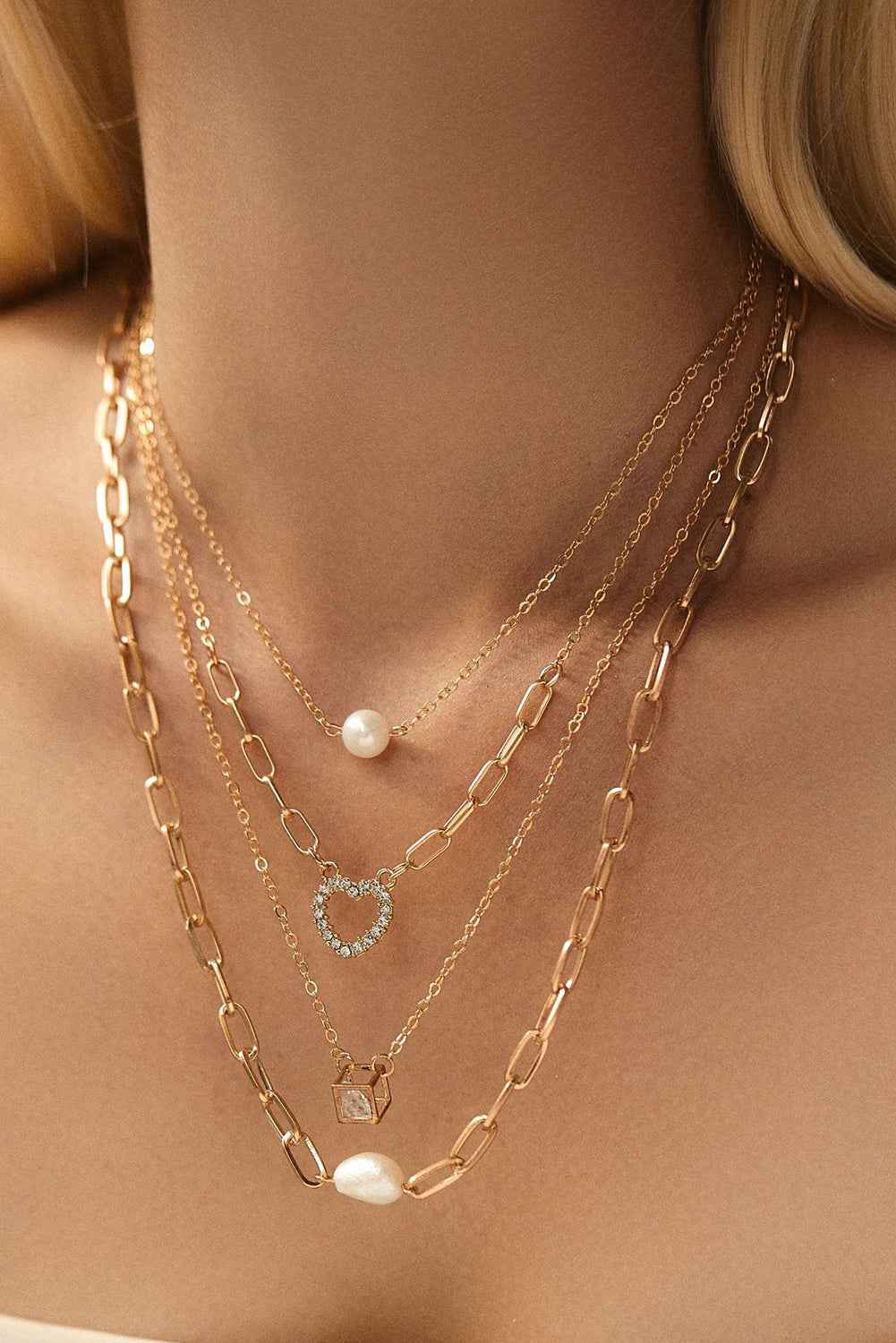 Gold 4pcs Pearl Cube Heart Pendant Chain Necklace Set Gold ONE SIZE Alloy dde3c6e426f9f3c2