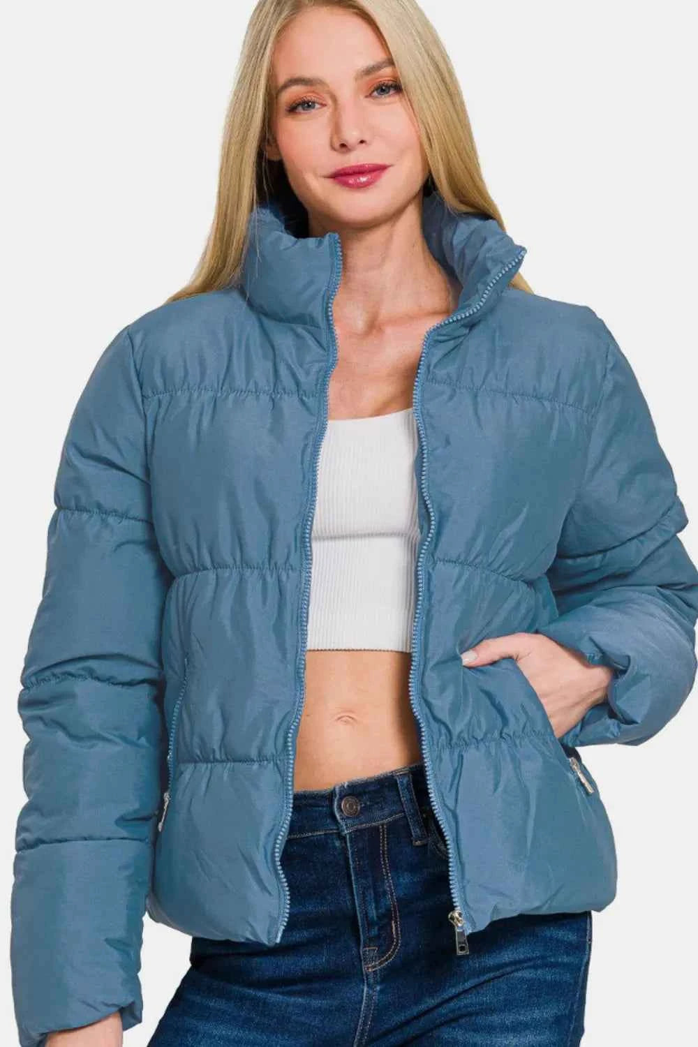 Zenana Zip Up Turtleneck Puffer Jacket with Pockets Dusty Blue dde3dc54-b9db-4eac-9654-b3f5032074a7-Max