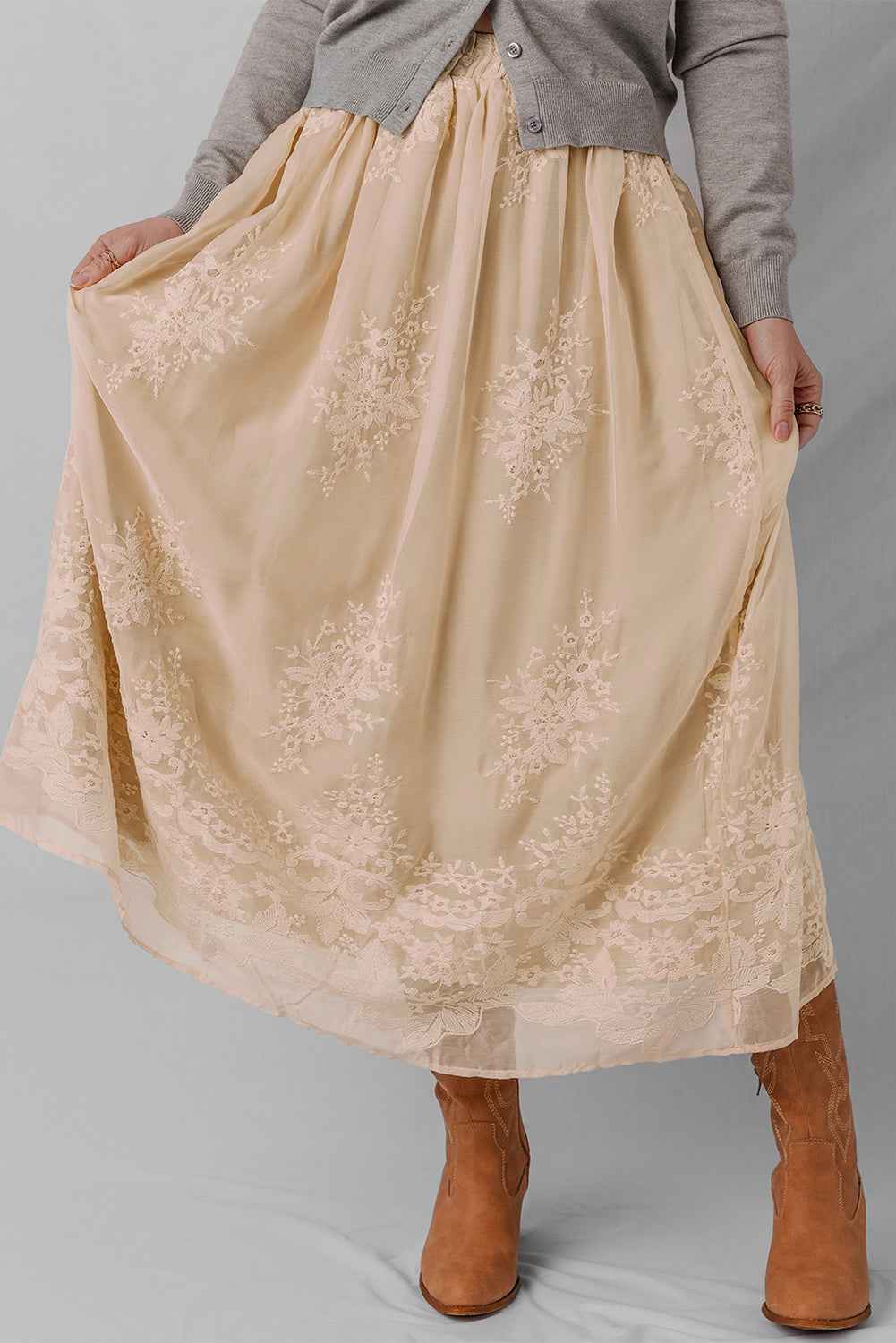 Oatmeal Embroidered Mesh Overlay Flowy Long Skirt Oatmeal 100%Polyester dde45d56186d734c