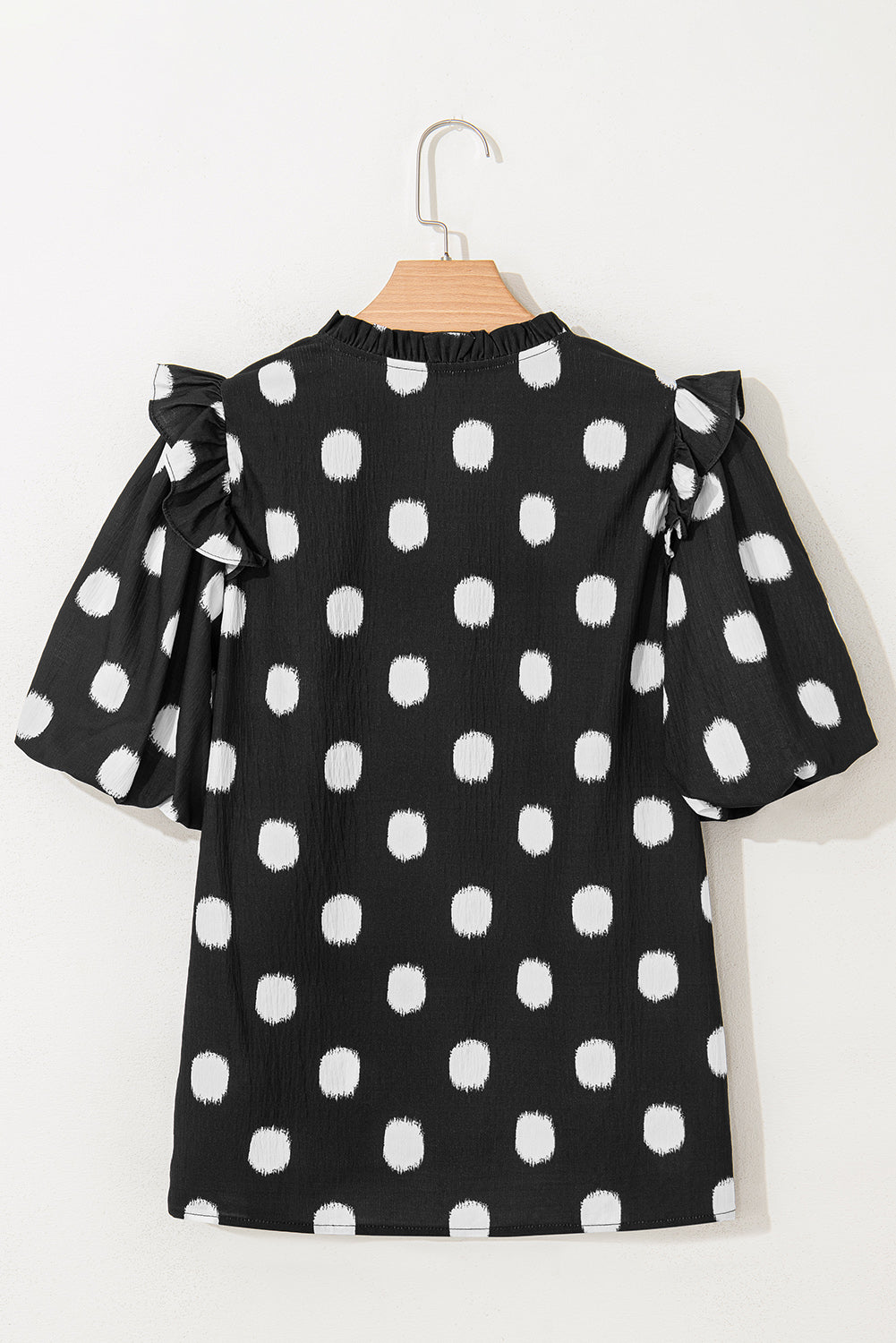 Rose Polka Dot Print Shirred Notched Neck Puff Sleeve Blouse dde543271b71c689