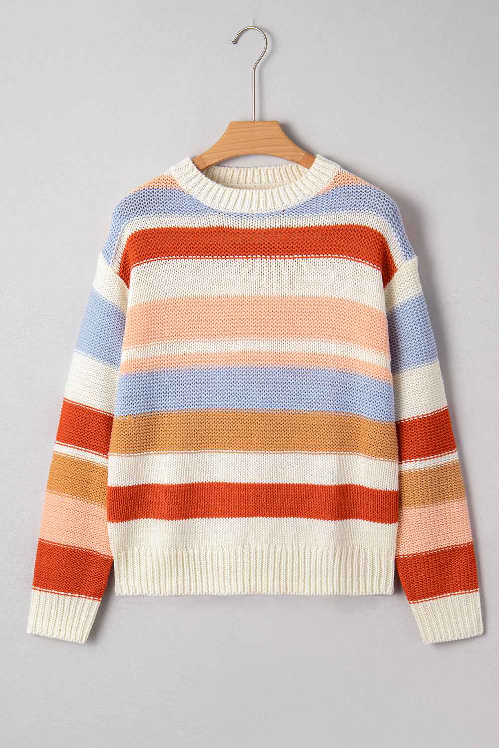 Pink Striped Colorblock Round Neck Drop Shoulder Sweater dde5c7e5da7f6ab8