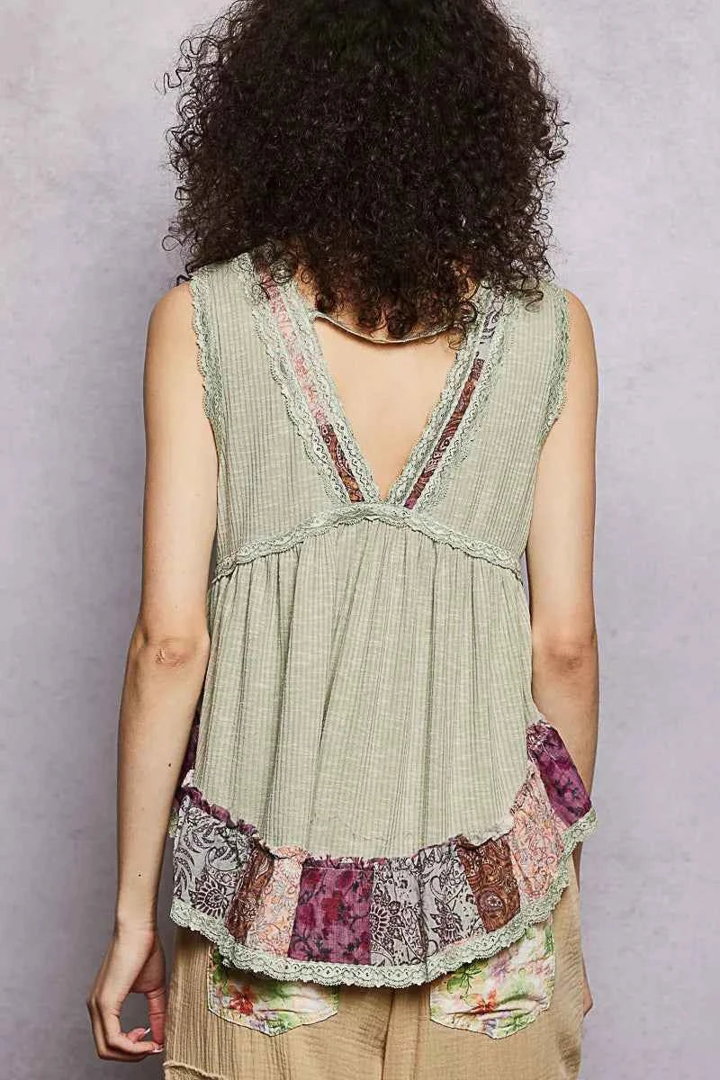 POL Lace Detail Ruffled Ribbed Sleeveless Top with Floral Pattern Trim Detail dde71566-7dde-4cd5-ae1a-2297f6a8fb8f-Max-Origin