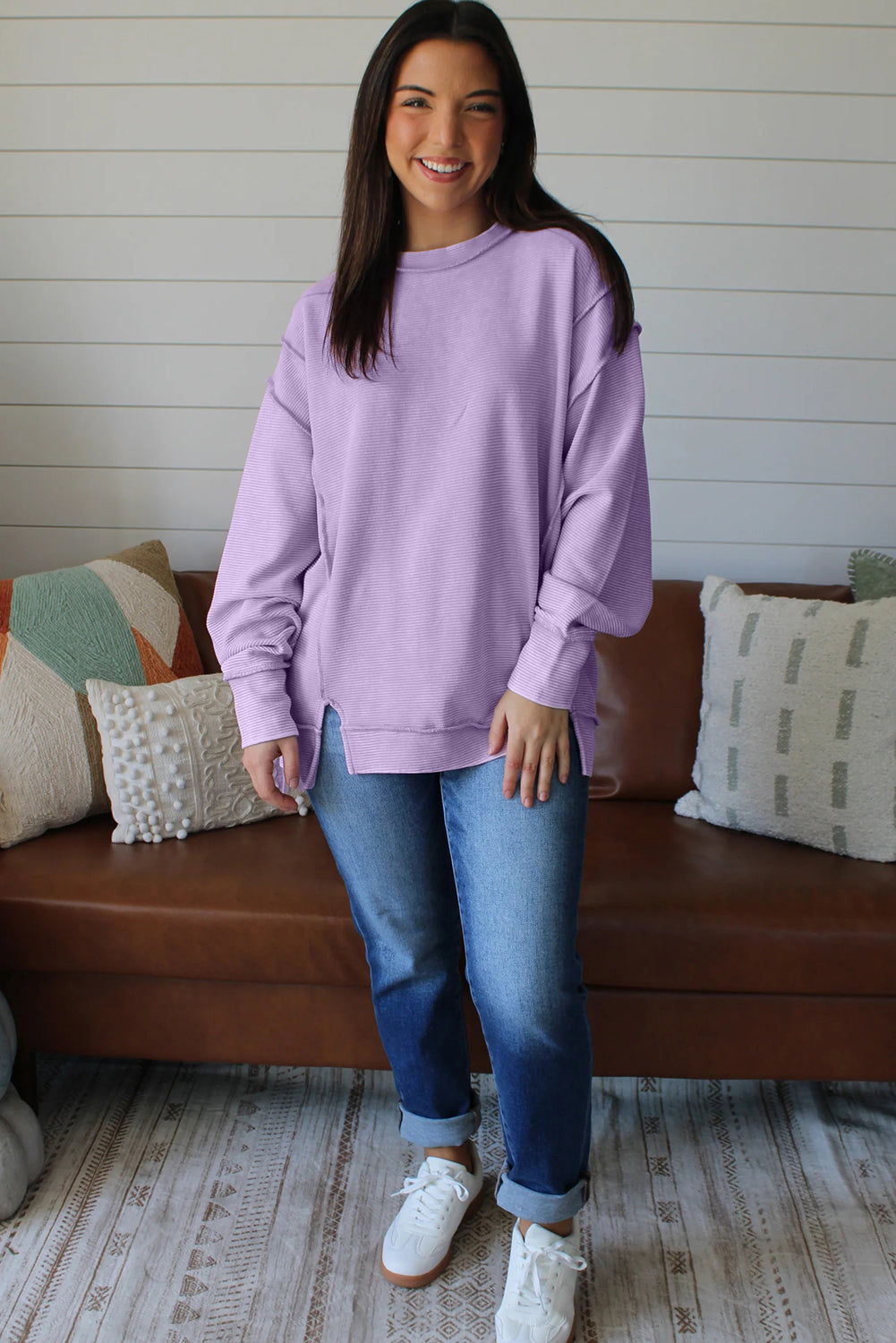 Lavendula Horizontal Ribbed Exposed Seam Detail Drop Shoulder Baggy Pullover ddeb556d839ee0bc