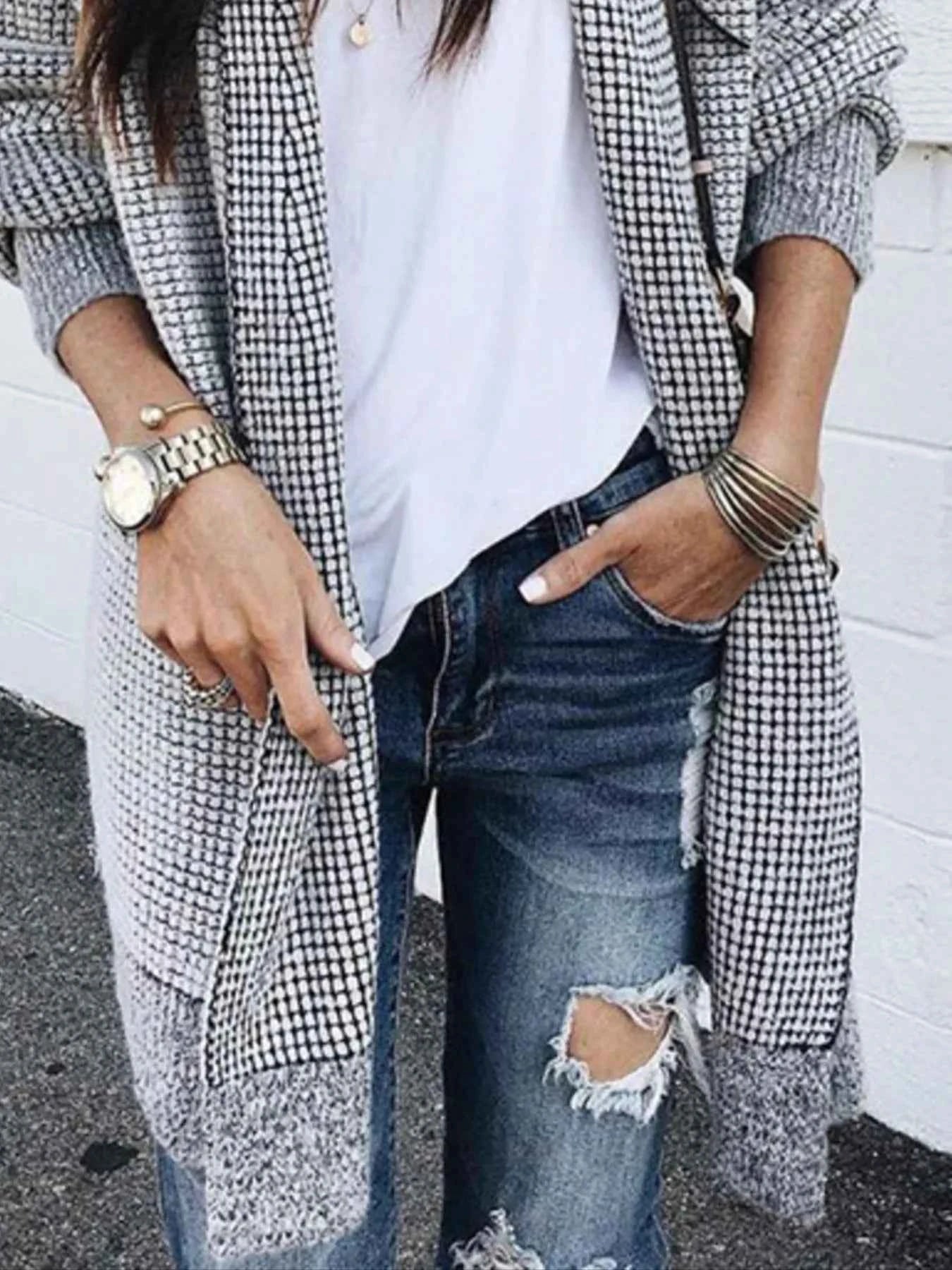 Contrast Plaid Longline Cardigan with Ribbed Trim dded6807-2359-497c-957a-082699ed9b5b-Max-Origin