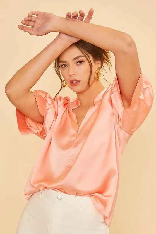 Annie Wear Satin V Neck Open Short Sleeve Woven Blouse Top ddee7f1a80e94b8e8636d9ccd70625ec-Max-Origin