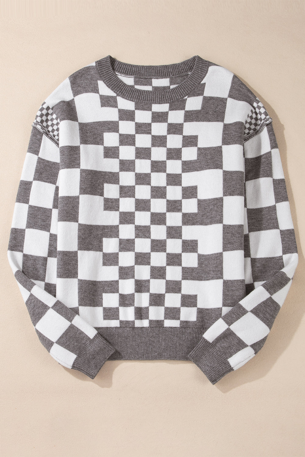 Black Checkered Drop Shoulder Round Neck Sweater ddf4c0d13e996cae