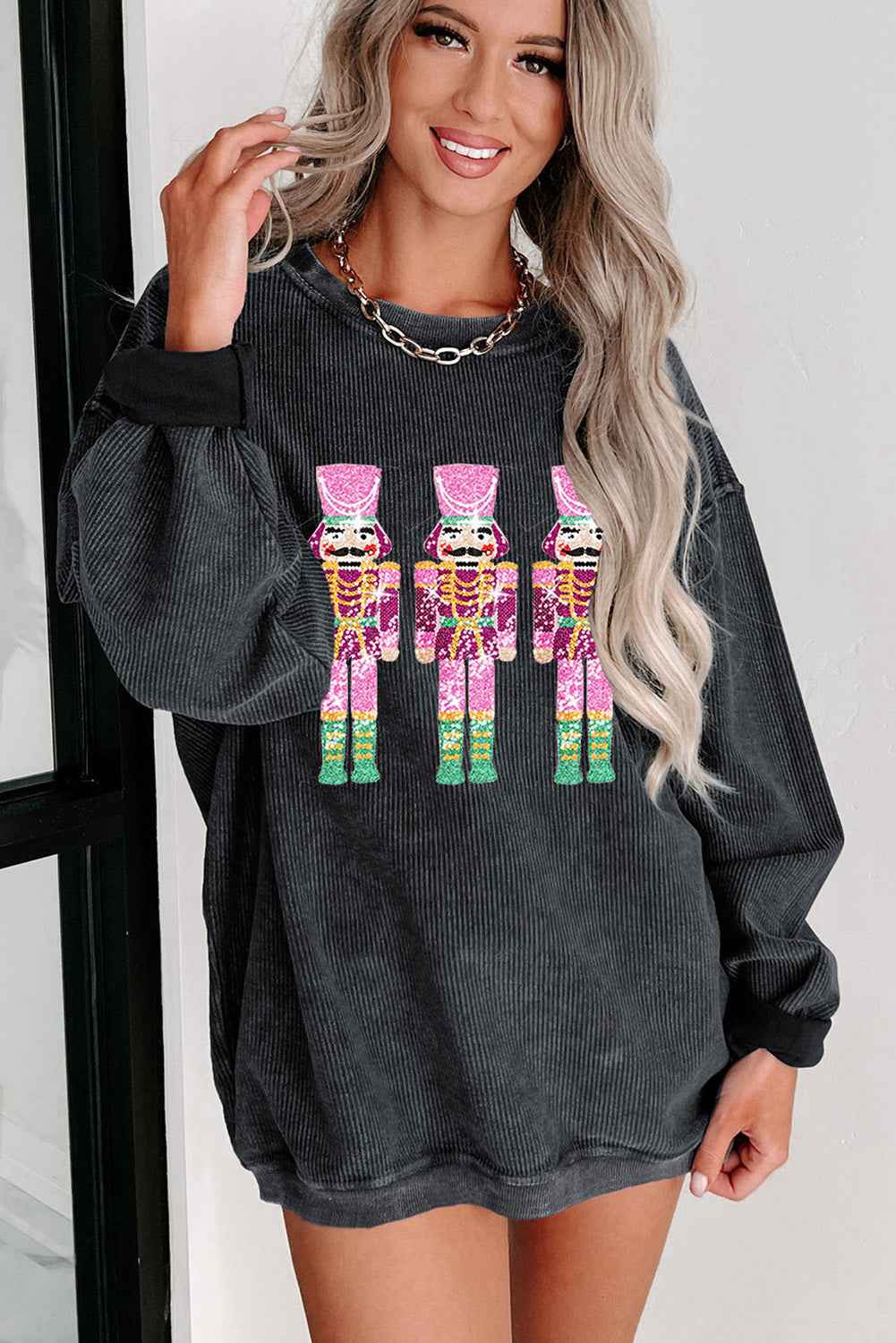 Black Nutcracker Graphic Sequins Patch Mineral Wash Corded Sweatshirt ddfb37bc3212d101