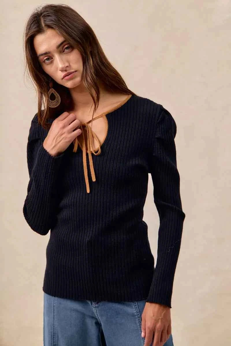 BiBi Ribbed Contrast Front Tied Top with Shrried ddfbb40072cf44f4adcd6dca58809536-Max-Origin