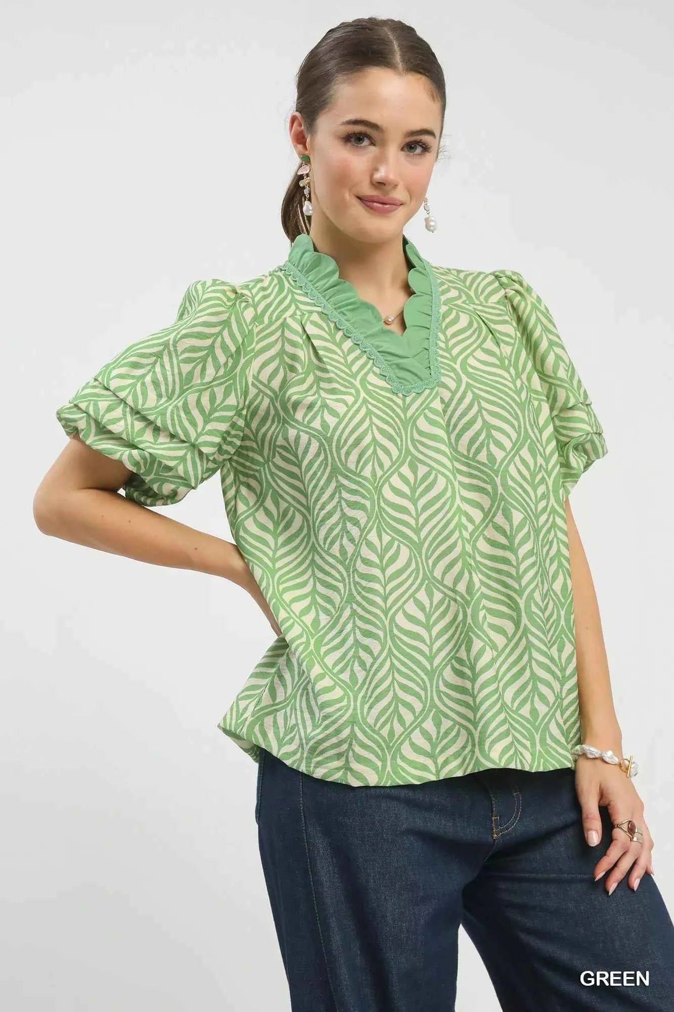 Umgee Printed Puff Sleeve Ruffle Neck Top ddfd30f1-6289-4a26-a0b4-00329d7f76c1-Max-Origin