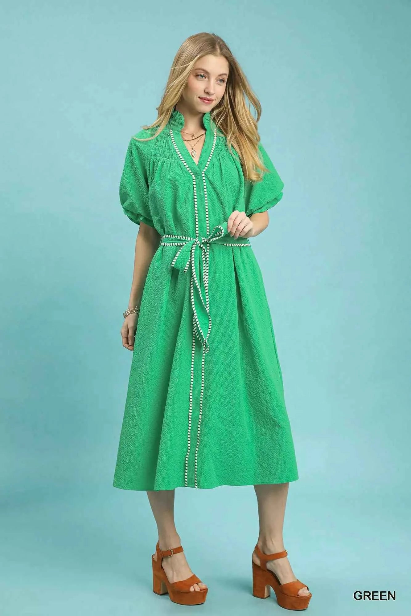Umgee Ruffle Collar Midi Dress with Stripe Trim ddfd6d29-7043-4cc2-91d4-5d5b11d408ae-Max-Origin