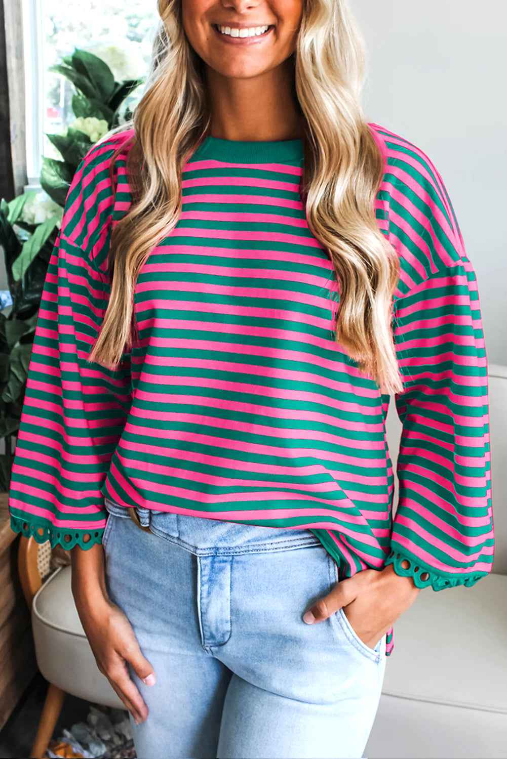 Sachet Pink Striped Round Neck Contrast Trim Bell Sleeve Top de027343c1327dd7