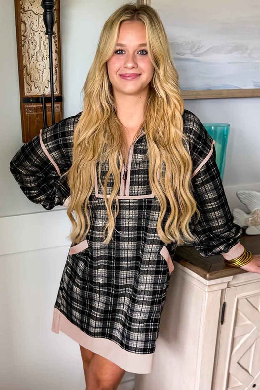 Black Casual Plaid Zipper Long Sleeve Mini Dress de03bd14bfbda886
